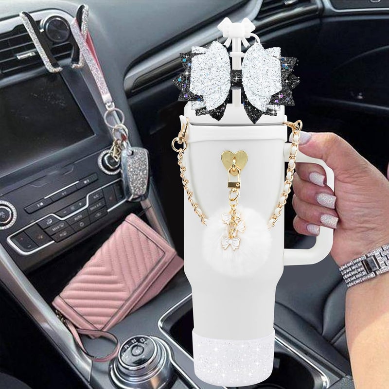 SEMATA Bling Accessories for Stanley Cup 40oz & 30oz Tumbler Including Silicone Cute Bow Straw Topper Cover, Silicone Boot for Stanley Cup,Leather Water Bottle Handle Strap, Charms(White) - Image 5